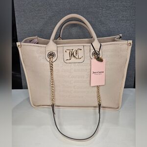 Juicy Couture Beige Tote with Gold Accents. Gold Chain Handles. Pink Interior
